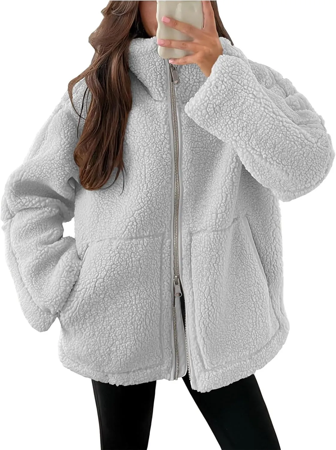 Womens Oversized Fleece Sherpa Lined Jacket Zip Up Long Sleeve Teddy Coat Casual Winter Warm Clothes with Pockets