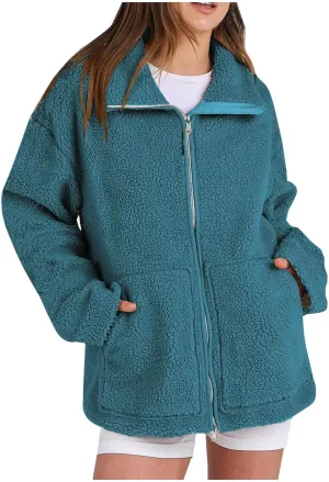 Womens Oversized Fleece Sherpa Lined Jacket Zip Up Long Sleeve Teddy Coat Casual Winter Warm Clothes with Pockets