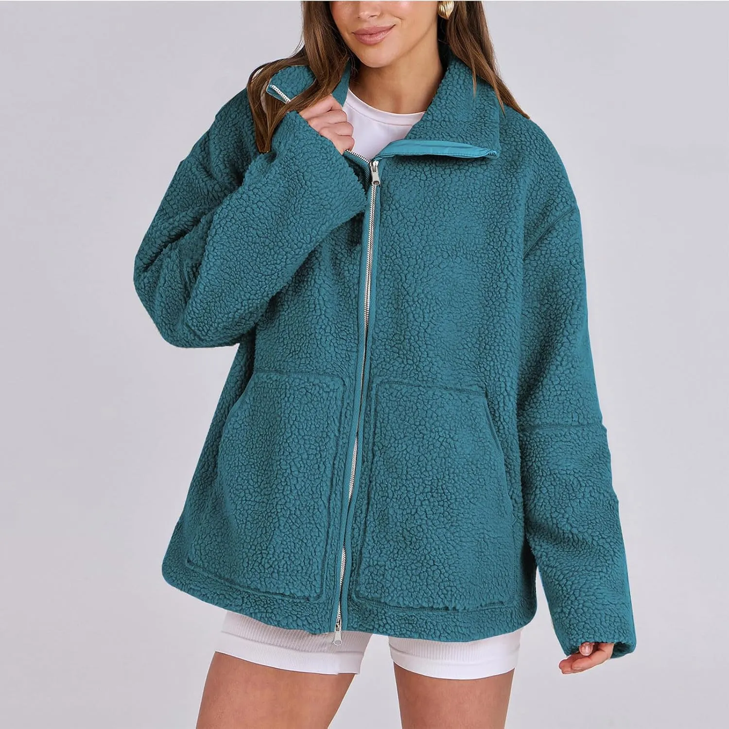 Womens Oversized Fleece Sherpa Lined Jacket Zip Up Long Sleeve Teddy Coat Casual Winter Warm Clothes with Pockets