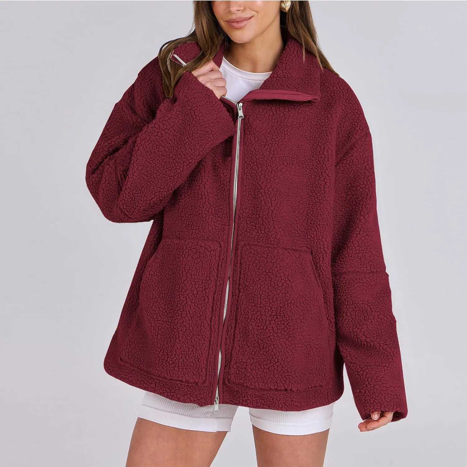 Womens Oversized Fleece Sherpa Lined Jacket Zip Up Long Sleeve Teddy Coat Casual Winter Warm Clothes with Pockets