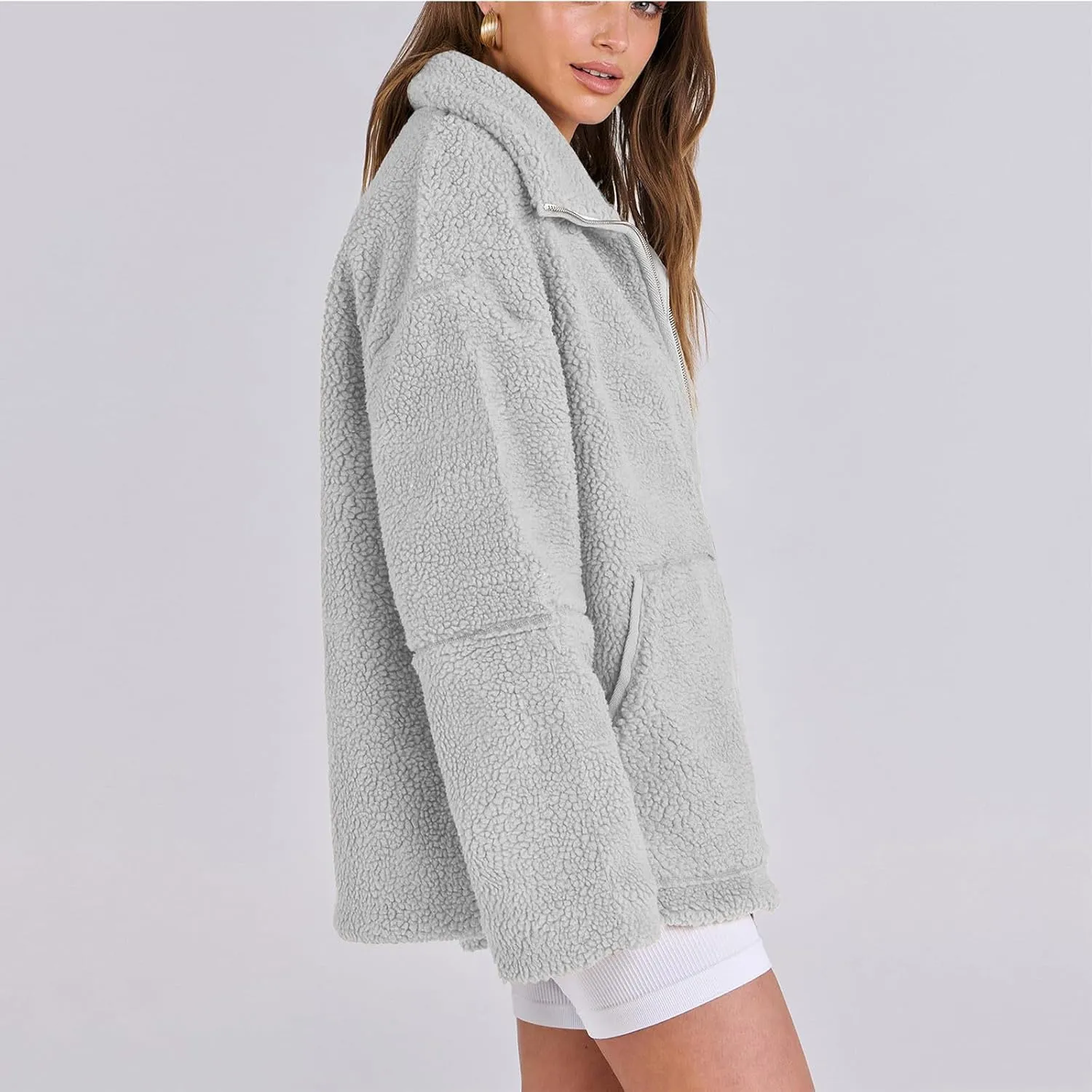 Womens Oversized Fleece Sherpa Lined Jacket Zip Up Long Sleeve Teddy Coat Casual Winter Warm Clothes with Pockets