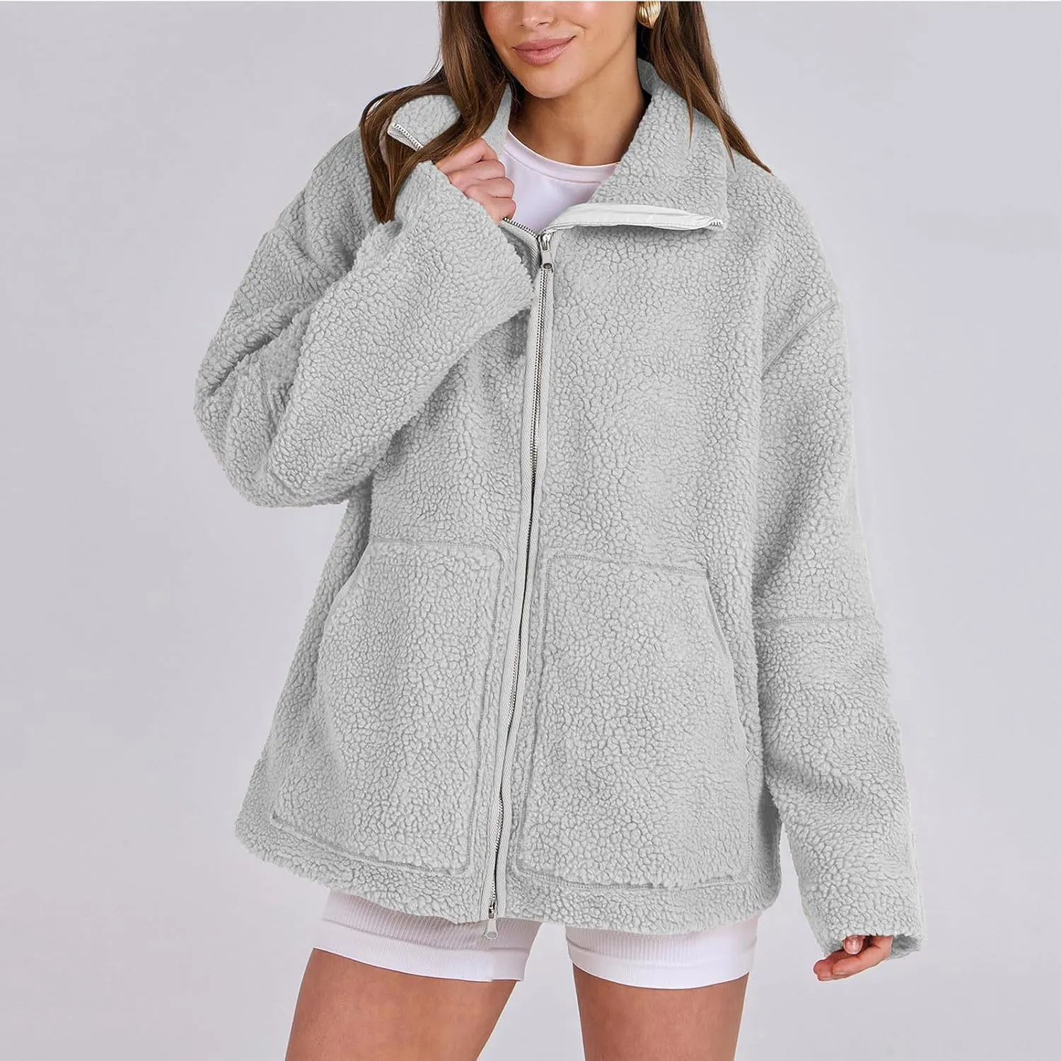 Womens Oversized Fleece Sherpa Lined Jacket Zip Up Long Sleeve Teddy Coat Casual Winter Warm Clothes with Pockets