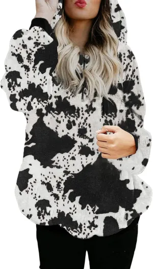 Womens Oversized Hoodies Sherpa Sweatshirts Fuzzy Warm Fleece Pullover Cow Print Fluffy Outerwear with Pockets