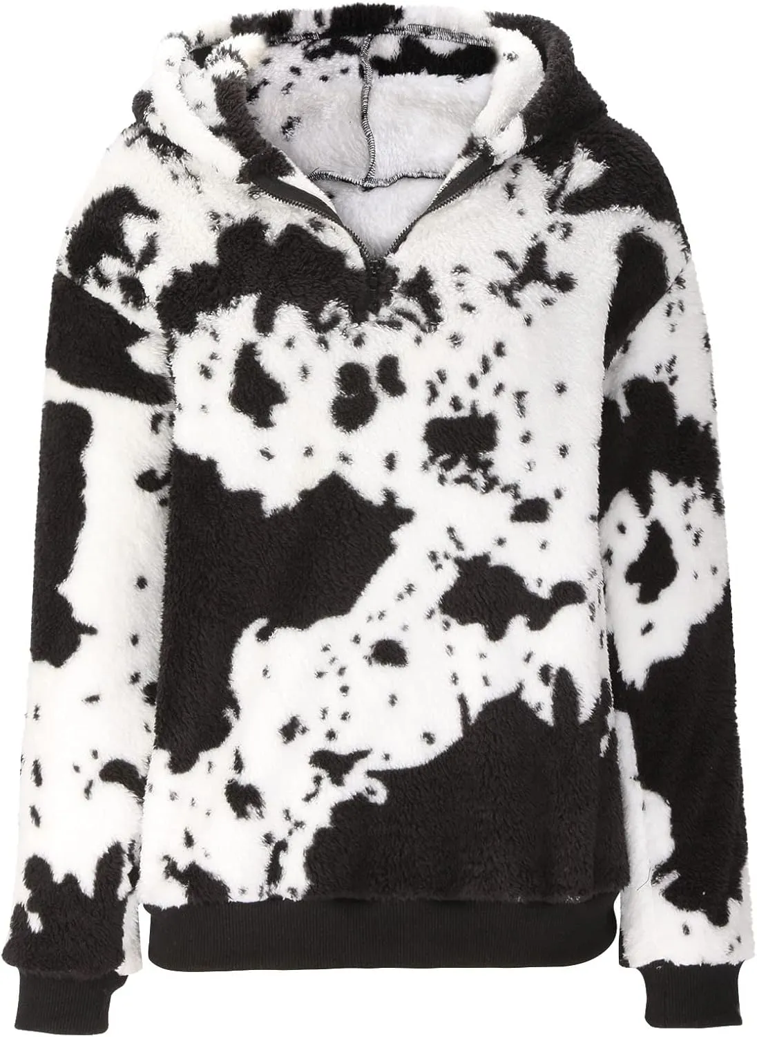 Womens Oversized Hoodies Sherpa Sweatshirts Fuzzy Warm Fleece Pullover Cow Print Fluffy Outerwear with Pockets