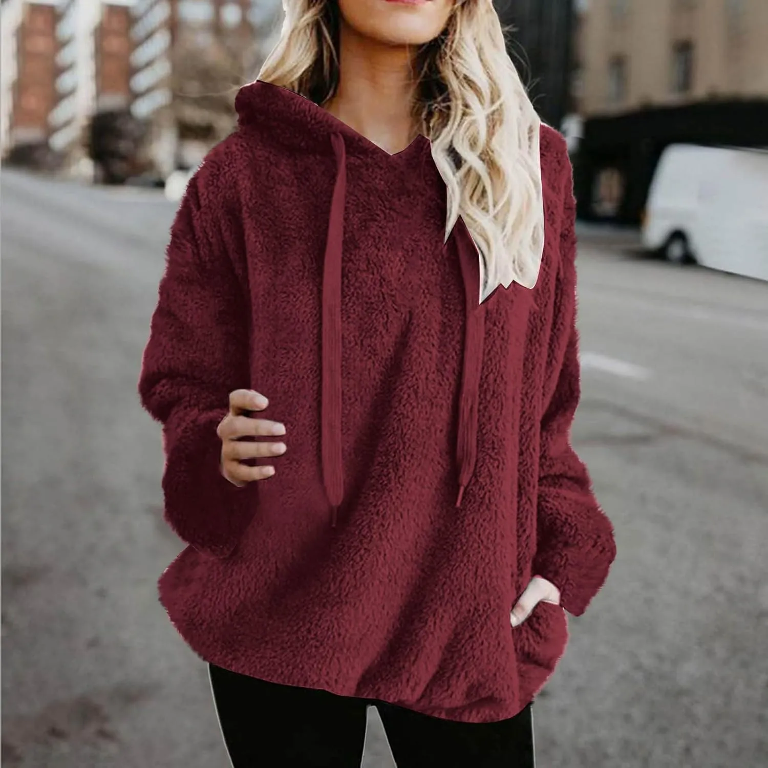 Womens Oversized Sherpa Pullover Hoodies Fuzzy Fleece Sweatshirt Plus Size Fall Winter Fluffy Jacket with Pockets