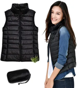 Women's Packable Lightweight Padded Gilet, Down Vest Body Warmer Stand Collar Sleeveless Jacket Windproof Coat for Walking Travelling,Black,L