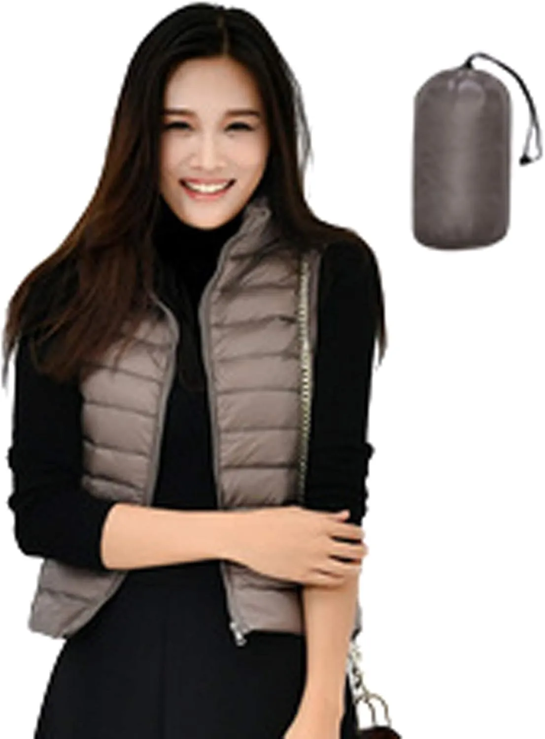 Women's Packable Lightweight Padded Gilet, Down Vest Body Warmer Stand Collar Sleeveless Jacket Windproof Coat for Walking Travelling,Khaki,S