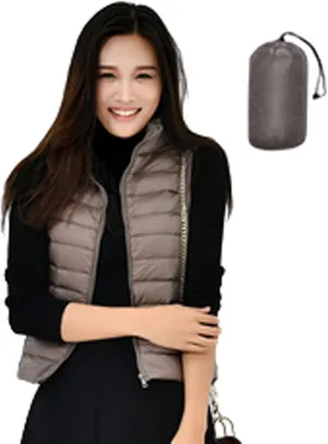 Women's Packable Lightweight Padded Gilet, Down Vest Body Warmer Stand Collar Sleeveless Jacket Windproof Coat for Walking Travelling,Khaki,S