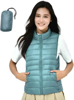 Women's Packable Lightweight Padded Gilet, Down Vest Body Warmer Stand Collar Sleeveless Jacket Windproof Coat for Walking Travelling,Pink Blue,S
