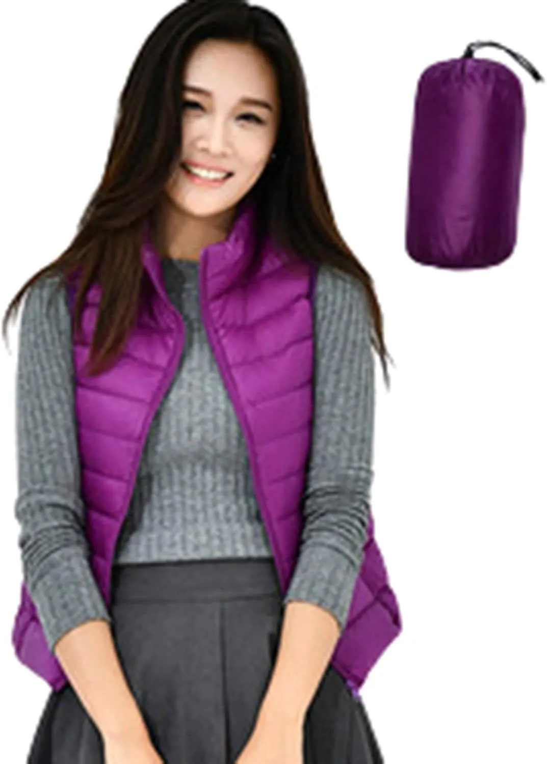 Women's Packable Lightweight Padded Gilet, Down Vest Body Warmer Stand Collar Sleeveless Jacket Windproof Coat for Walking Travelling,Purple,XXS
