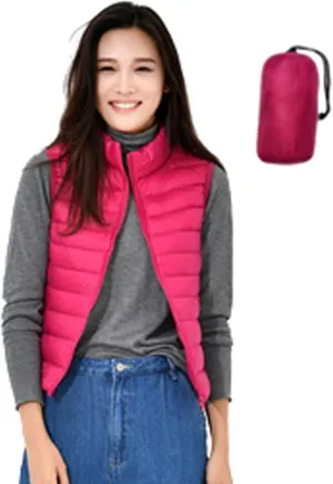 Women's Packable Lightweight Padded Gilet, Down Vest Body Warmer Stand Collar Sleeveless Jacket Windproof Coat for Walking Travelling,Rose red,S