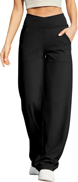 Women's Pants Elastic High Waist Casual Yoga Pants Straight Wide Leg Drawstring Trouser Stretch Baggy Sweatpants with Pockets
