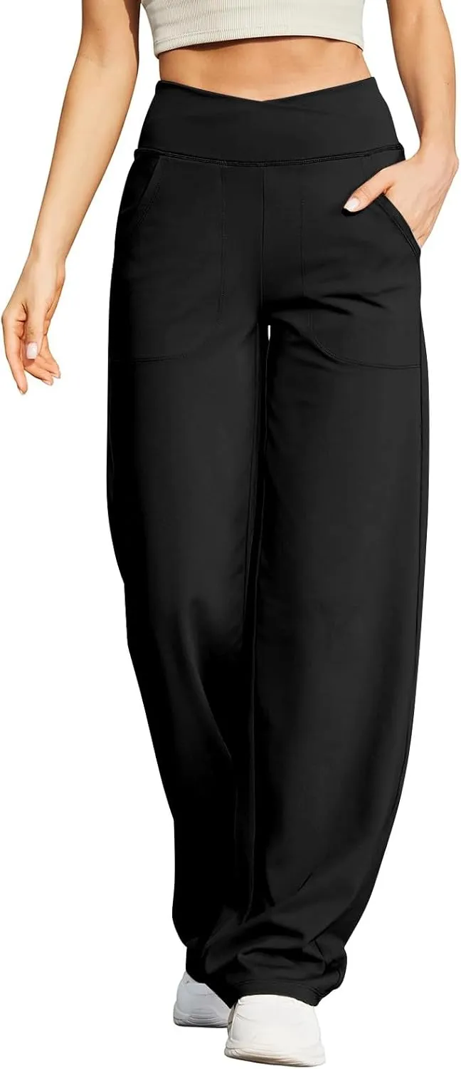 Women's Pants Elastic High Waist Casual Yoga Pants Straight Wide Leg Drawstring Trouser Stretch Baggy Sweatpants with Pockets