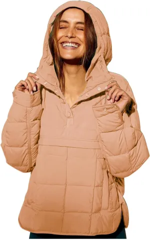 Womens Quilted Pullover Puffer Jacket Oversized Lightweight Hoodies Packable Winter Padded Coat Tops