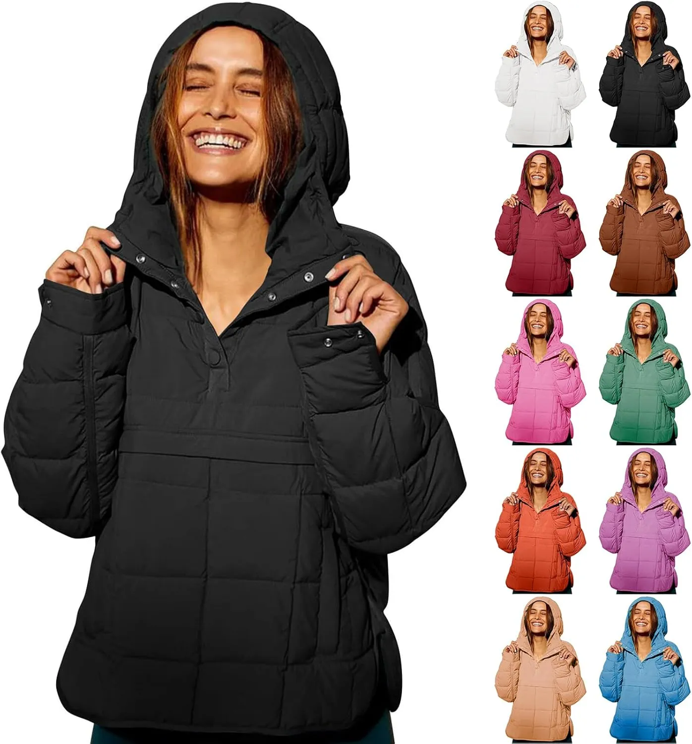 Womens Quilted Pullover Puffer Jacket Oversized Lightweight Hoodies Packable Winter Padded Coat Tops