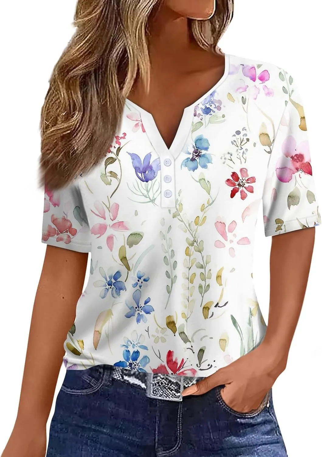 Womens Short Sleeve Tops Dressy Casual Floral Print Henley Button Down Shirts Spring Blouse Summer Fashion 2025
