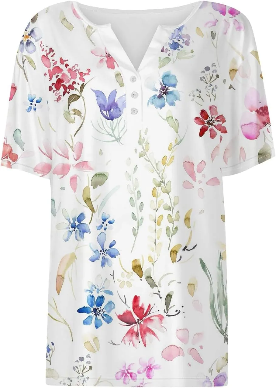 Womens Short Sleeve Tops Dressy Casual Floral Print Henley Button Down Shirts Spring Blouse Summer Fashion 2025
