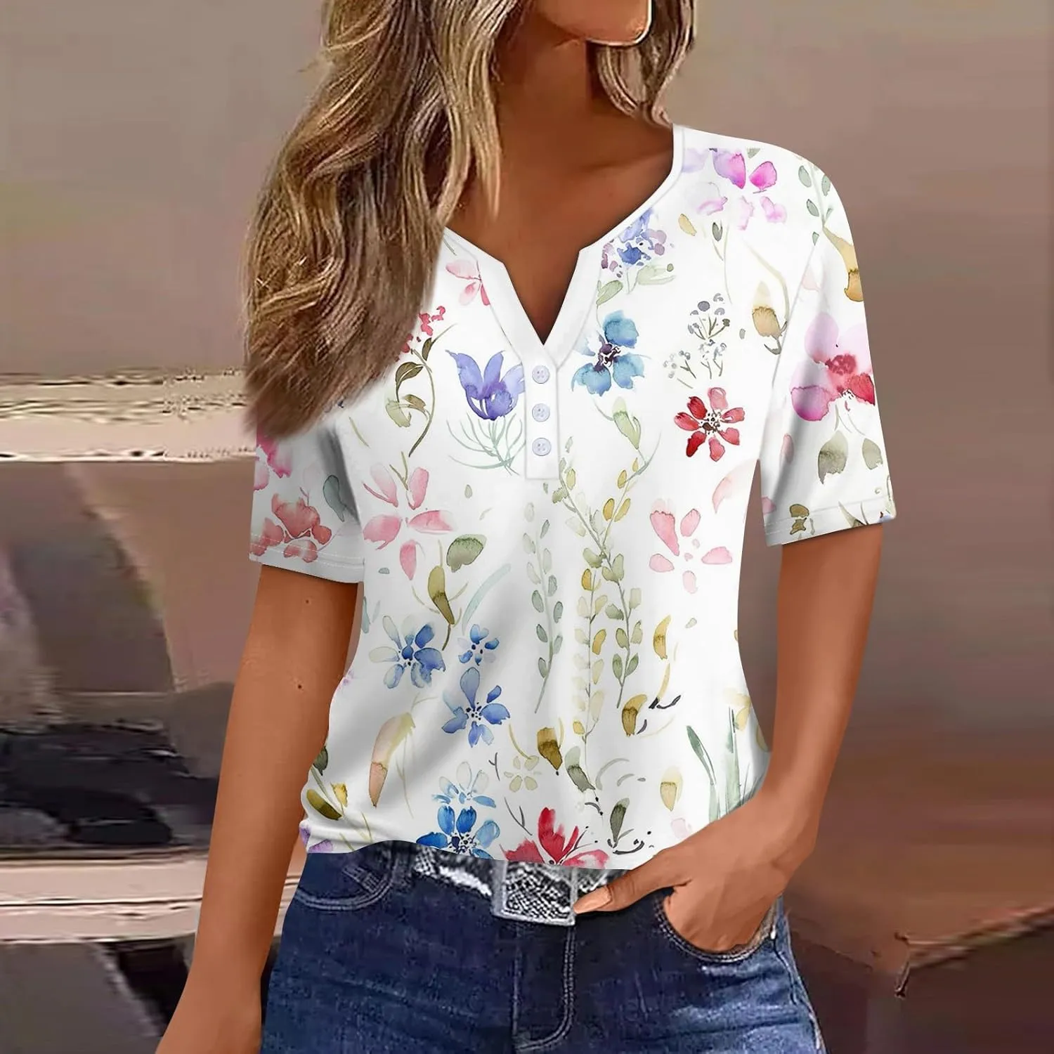 Womens Short Sleeve Tops Dressy Casual Floral Print Henley Button Down Shirts Spring Blouse Summer Fashion 2025