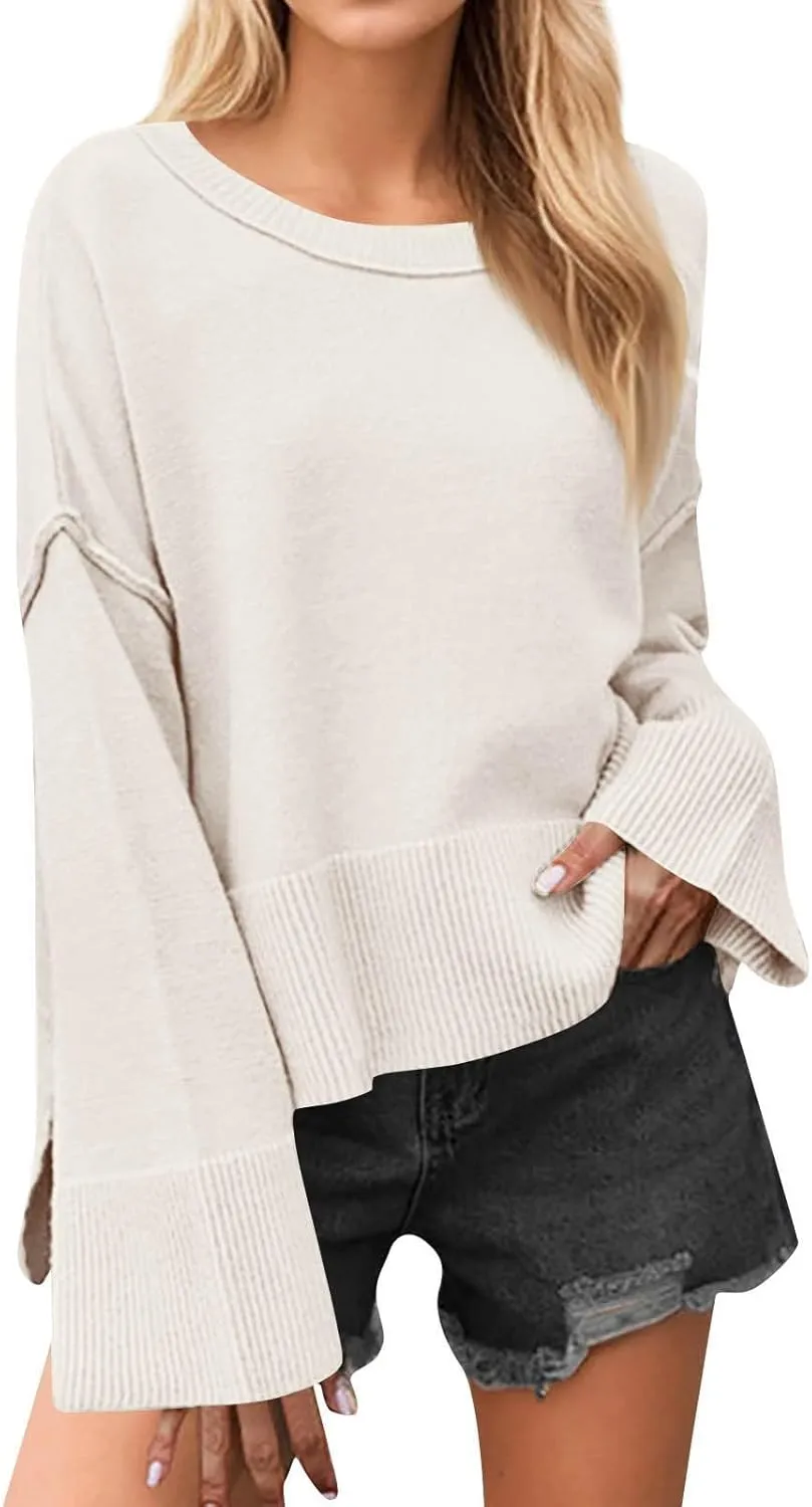Women's Solid Color Round Neck Bell Sleeve Pullover Knitwear Fashion Short Sweater Sweaters for Women Trendy