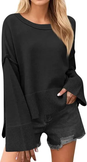 Women's Solid Color Round Neck Bell Sleeve Pullover Knitwear Fashion Short Sweater Sweaters for Women Trendy