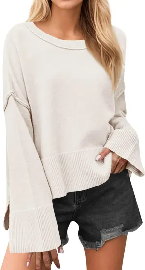 Women's Solid Color Round Neck Bell Sleeve Pullover Knitwear Fashion Short Sweater Sweaters for Women Trendy