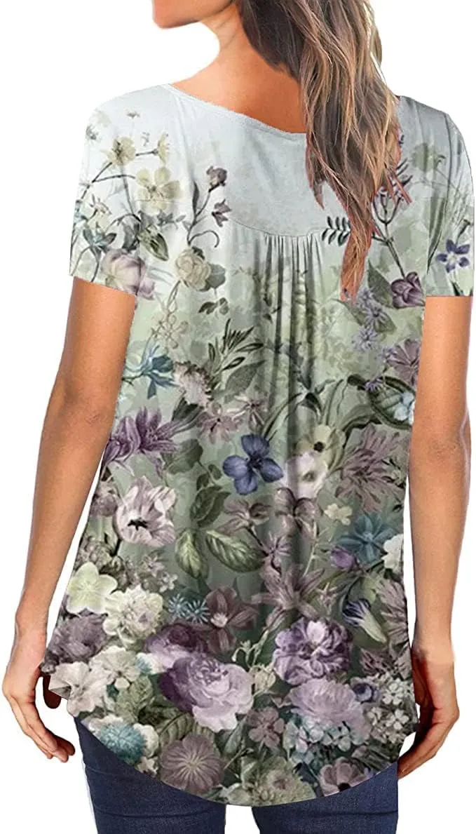 Womens Summer Tops Hide Belly Tunic Short Sleeve T Shirts Flowy Henley Tshirt Casual Dressy Blouses for Leggings