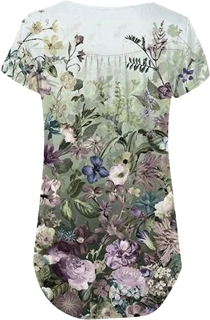 Womens Summer Tops Hide Belly Tunic Short Sleeve T Shirts Flowy Henley Tshirt Casual Dressy Blouses for Leggings