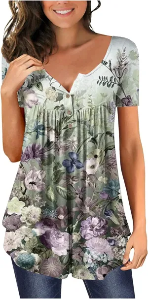 Womens Summer Tops Hide Belly Tunic Short Sleeve T Shirts Flowy Henley Tshirt Casual Dressy Blouses for Leggings