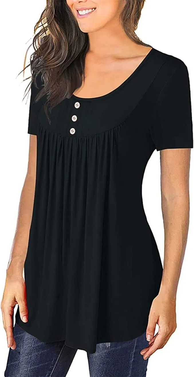 Womens Summer Tops Hide Belly Tunic Short Sleeve T Shirts Flowy Henley Tshirt Casual Dressy Blouses for Leggings