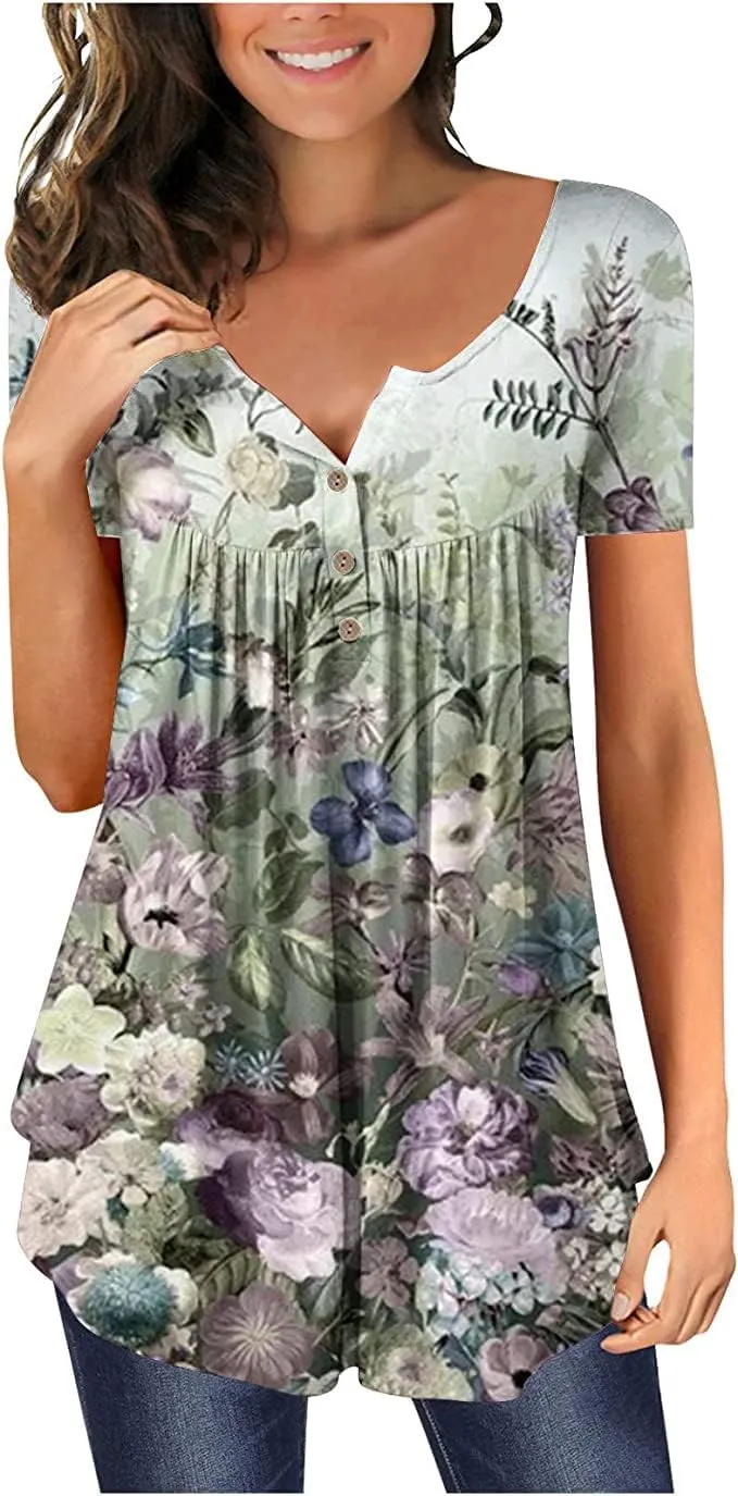 Womens Summer Tops Hide Belly Tunic Short Sleeve T Shirts Flowy Henley Tshirt Casual Dressy Blouses for Leggings