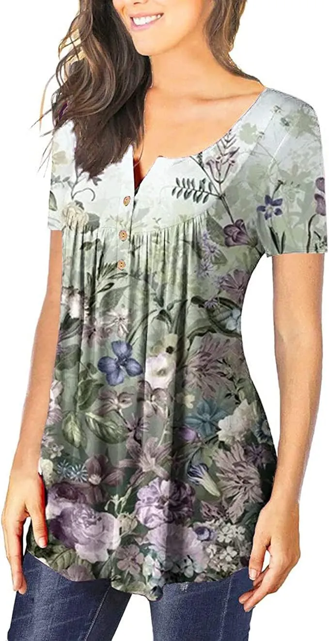 Womens Summer Tops Hide Belly Tunic Short Sleeve T Shirts Flowy Henley Tshirt Casual Dressy Blouses for Leggings