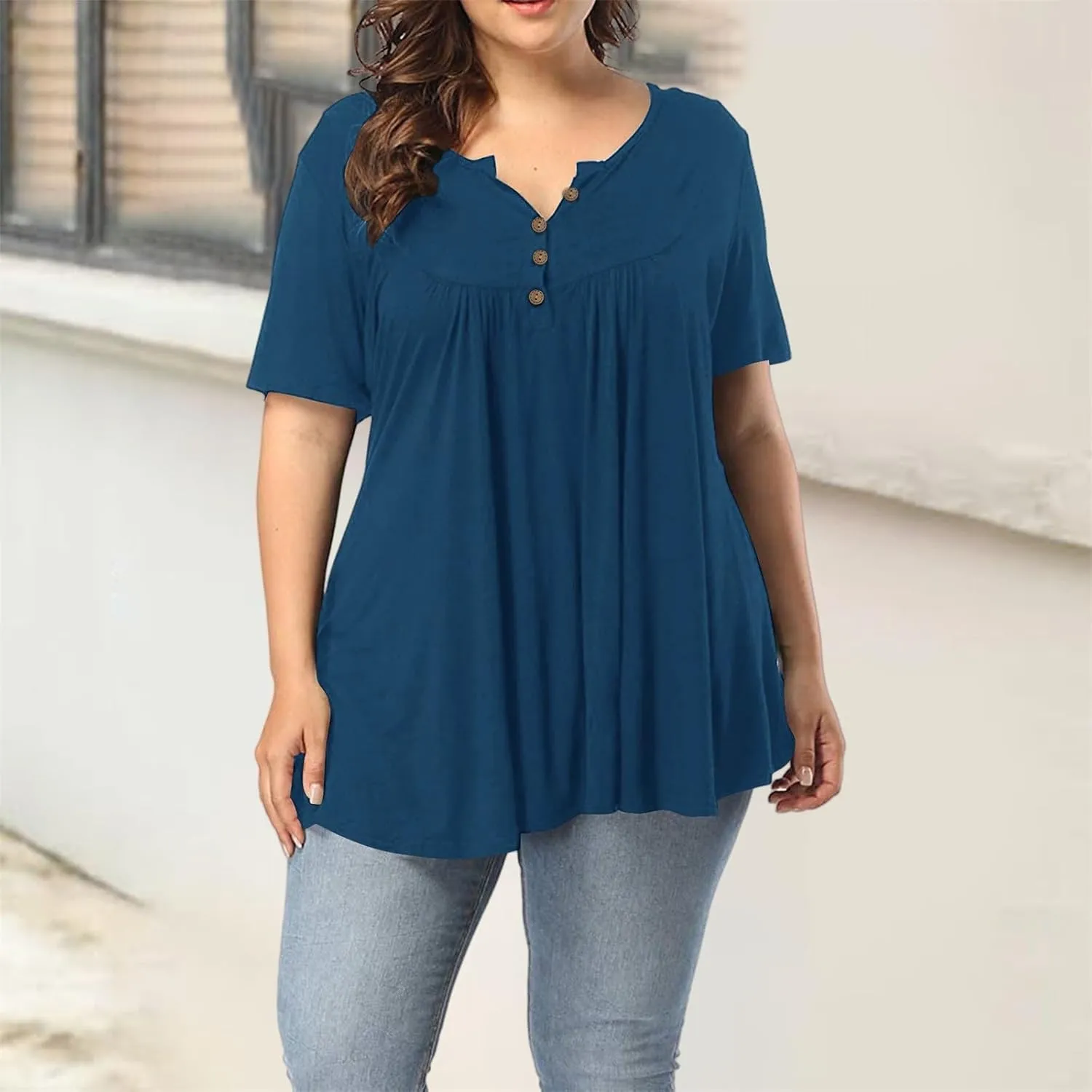 Womens Summer Tops Plus Size Henley Shirts Short Sleeve Boho Floral Tunic Tops Loose Fitting V Neck Button Up Blouses