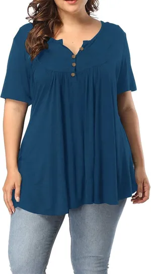 Womens Summer Tops Plus Size Henley Shirts Short Sleeve Boho Floral Tunic Tops Loose Fitting V Neck Button Up Blouses