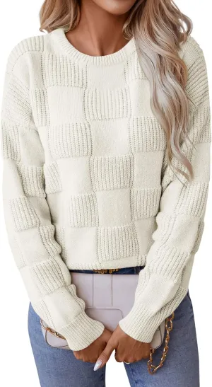 Womens Sweaters Plaid Knit Jumper Sweaters Crew Neck Plain Sweater Long Sleeve Oversized Sweaters