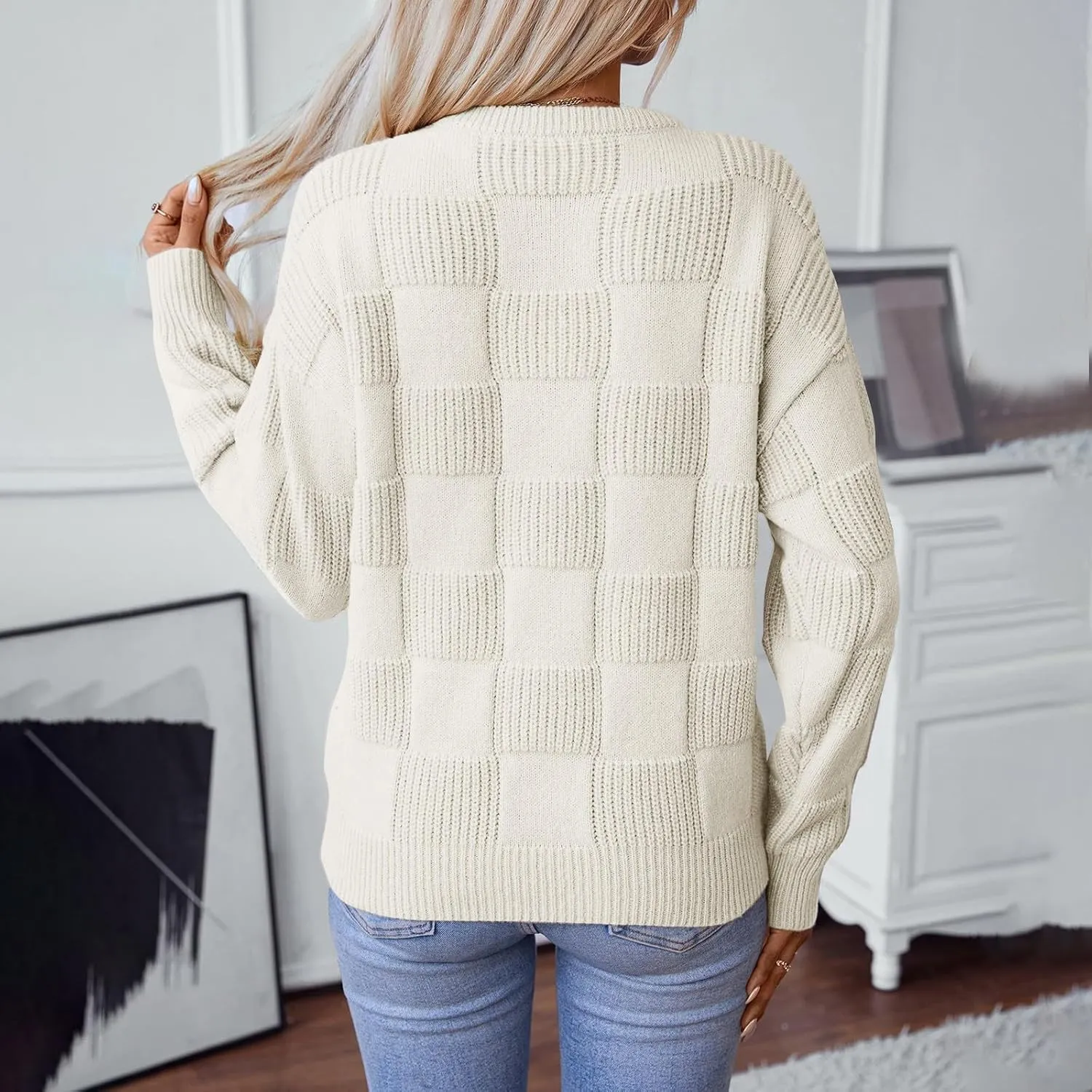 Womens Sweaters Plaid Knit Jumper Sweaters Crew Neck Plain Sweater Long Sleeve Oversized Sweaters