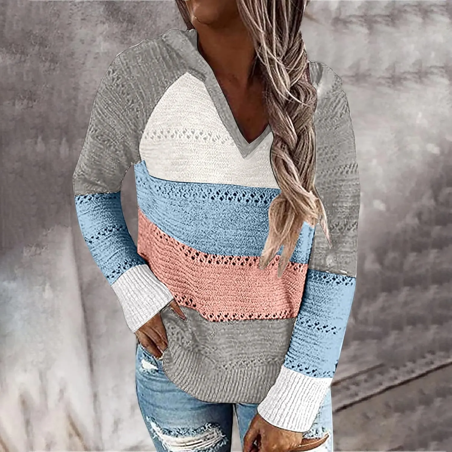 Womens Sweaters V Neck Long Sleeve Sweaters 2025 Fall Fashion Striped Oversized Ribbed Knit Hooides