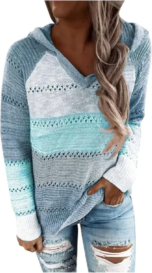Womens Sweaters V Neck Long Sleeve Sweaters 2025 Fall Fashion Striped Oversized Ribbed Knit Hooides