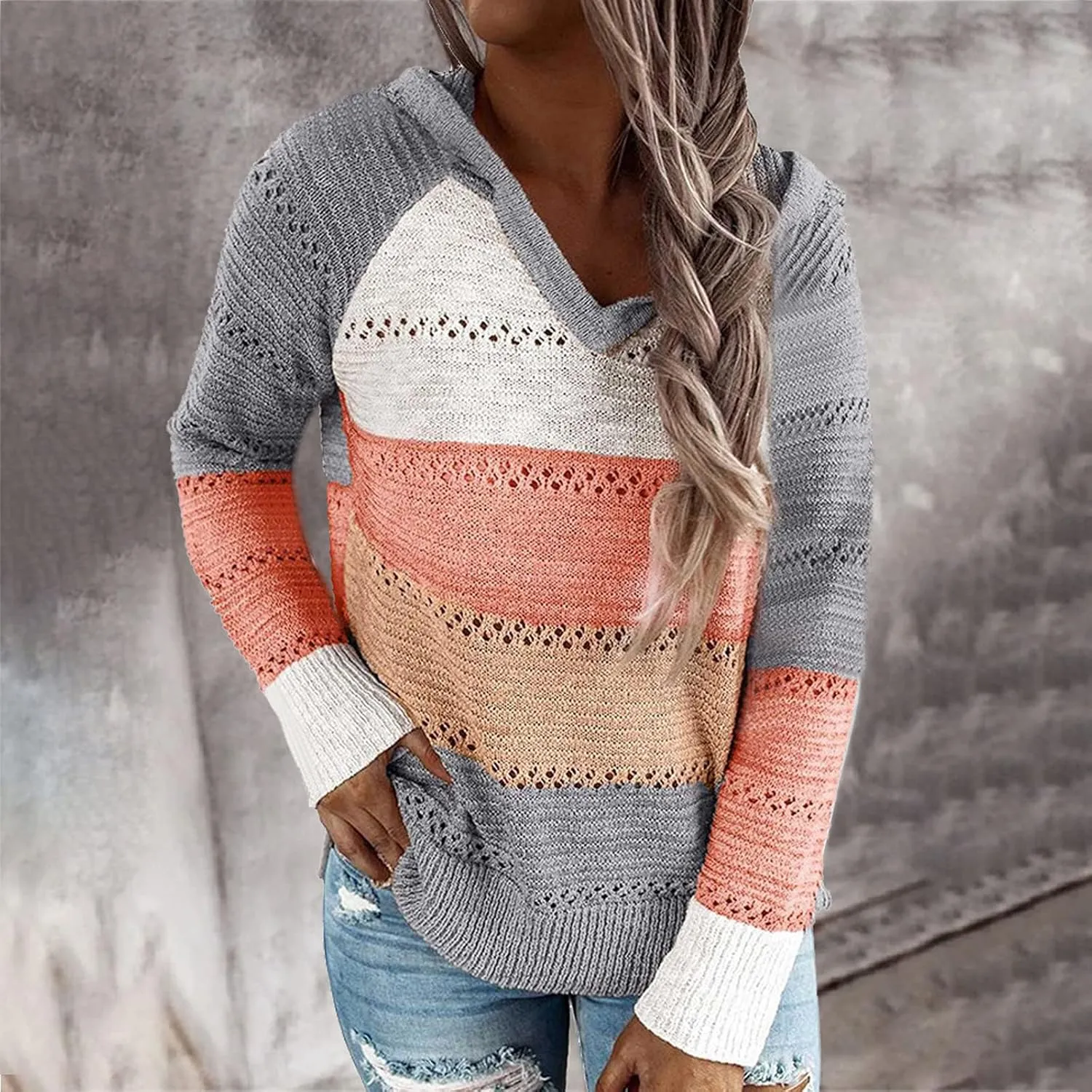 Womens Sweaters V Neck Long Sleeve Sweaters 2025 Fall Fashion Striped Oversized Ribbed Knit Hooides