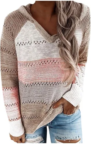 Womens Sweaters V Neck Long Sleeve Sweaters 2025 Fall Fashion Striped Oversized Ribbed Knit Hooides