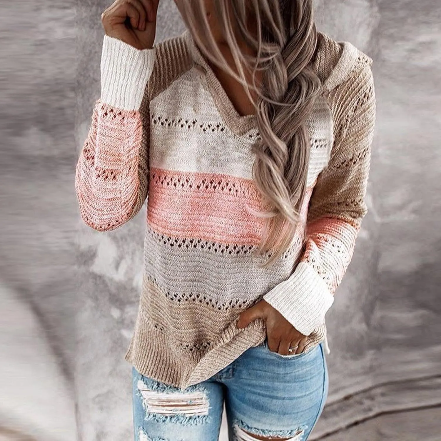 Womens Sweaters V Neck Long Sleeve Sweaters 2025 Fall Fashion Striped Oversized Ribbed Knit Hooides