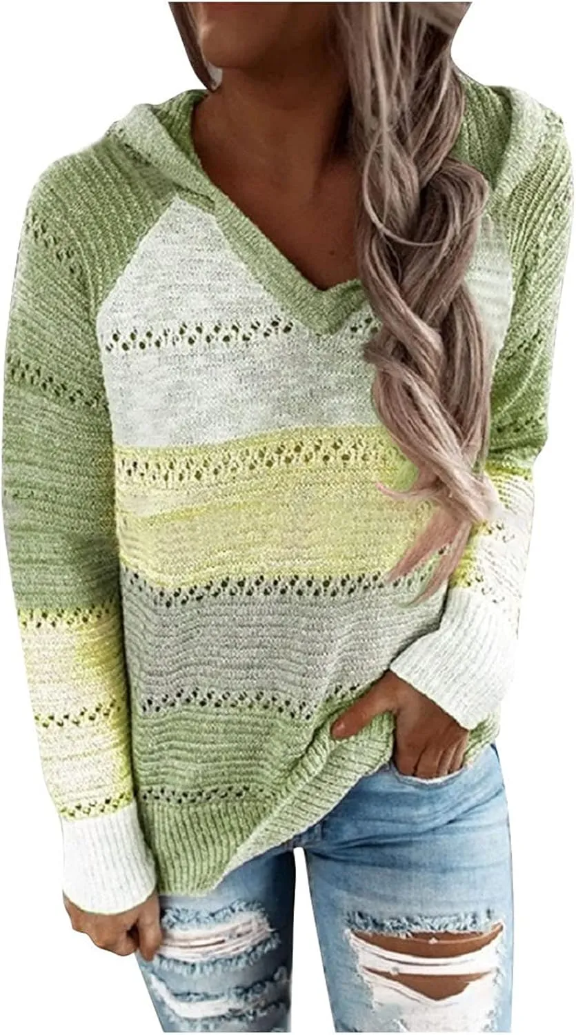 Womens Sweaters V Neck Long Sleeve Sweaters 2025 Fall Fashion Striped Oversized Ribbed Knit Hooides