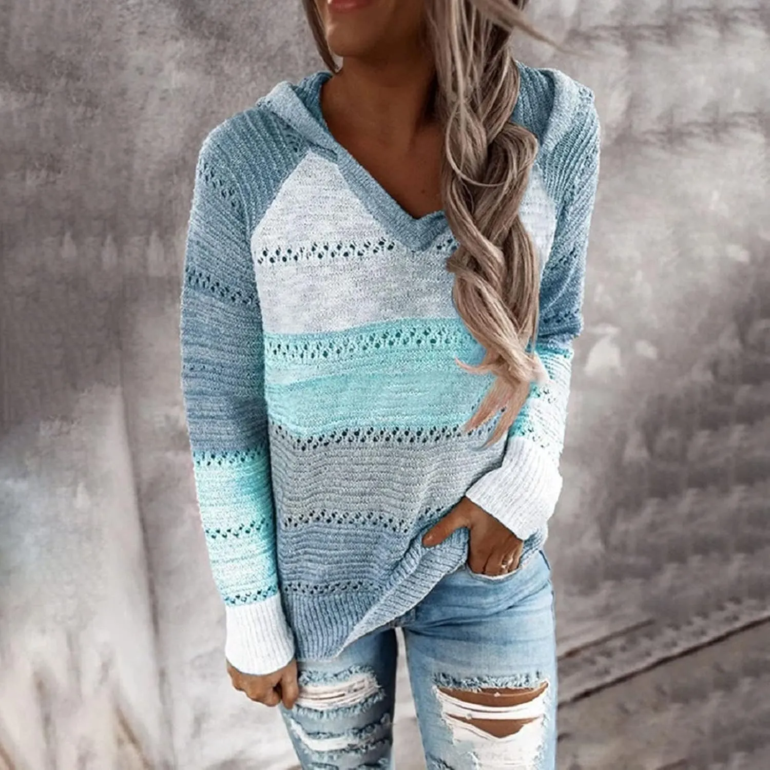Womens Sweaters V Neck Long Sleeve Sweaters 2025 Fall Fashion Striped Oversized Ribbed Knit Hooides