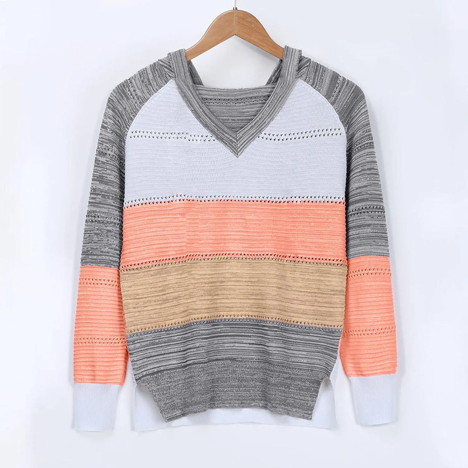 Womens Sweaters V Neck Long Sleeve Sweaters 2025 Fall Fashion Striped Oversized Ribbed Knit Hooides