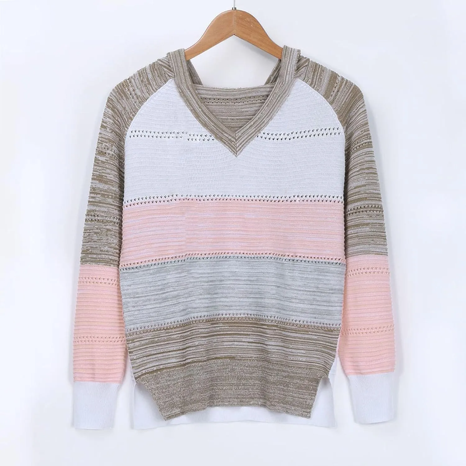 Womens Sweaters V Neck Long Sleeve Sweaters 2025 Fall Fashion Striped Oversized Ribbed Knit Hooides