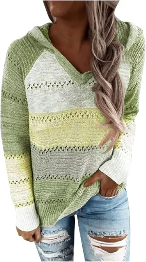 Womens Sweaters V Neck Long Sleeve Sweaters 2025 Fall Fashion Striped Oversized Ribbed Knit Hooides