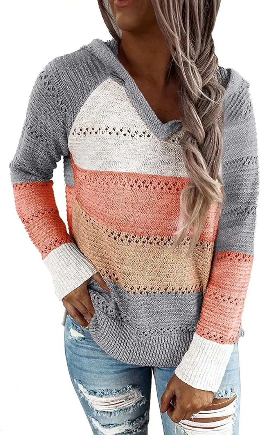 Womens Sweaters V Neck Long Sleeve Sweaters 2025 Fall Fashion Striped Oversized Ribbed Knit Hooides