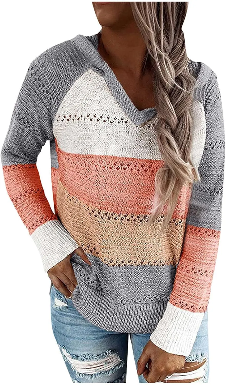 Womens Sweaters V Neck Long Sleeve Sweaters 2025 Fall Fashion Striped Oversized Ribbed Knit Hooides