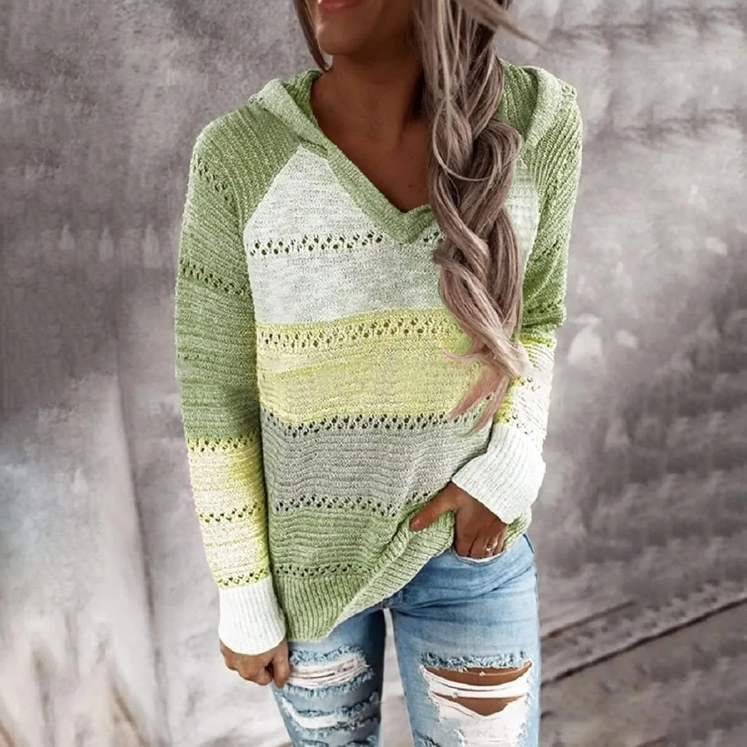 Womens Sweaters V Neck Long Sleeve Sweaters 2025 Fall Fashion Striped Oversized Ribbed Knit Hooides