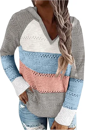 Womens Sweaters V Neck Long Sleeve Sweaters 2025 Fall Fashion Striped Oversized Ribbed Knit Hooides