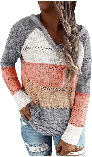 Womens Sweaters V Neck Long Sleeve Sweaters 2025 Fall Fashion Striped Oversized Ribbed Knit Hooides